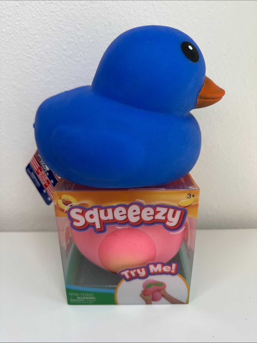 Sunny Days BLUE SQUISHY DUCK & PEACH - Kids Sensory Fidget Toy Squeeezy Squish